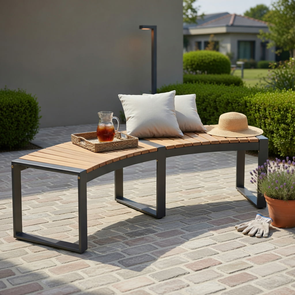 Topcobe Patio Curved Bench with Slatted Seat and Metal Legs-1 Piece, Outdoor Patio Furniture for Porch Balcony Garden Backyard