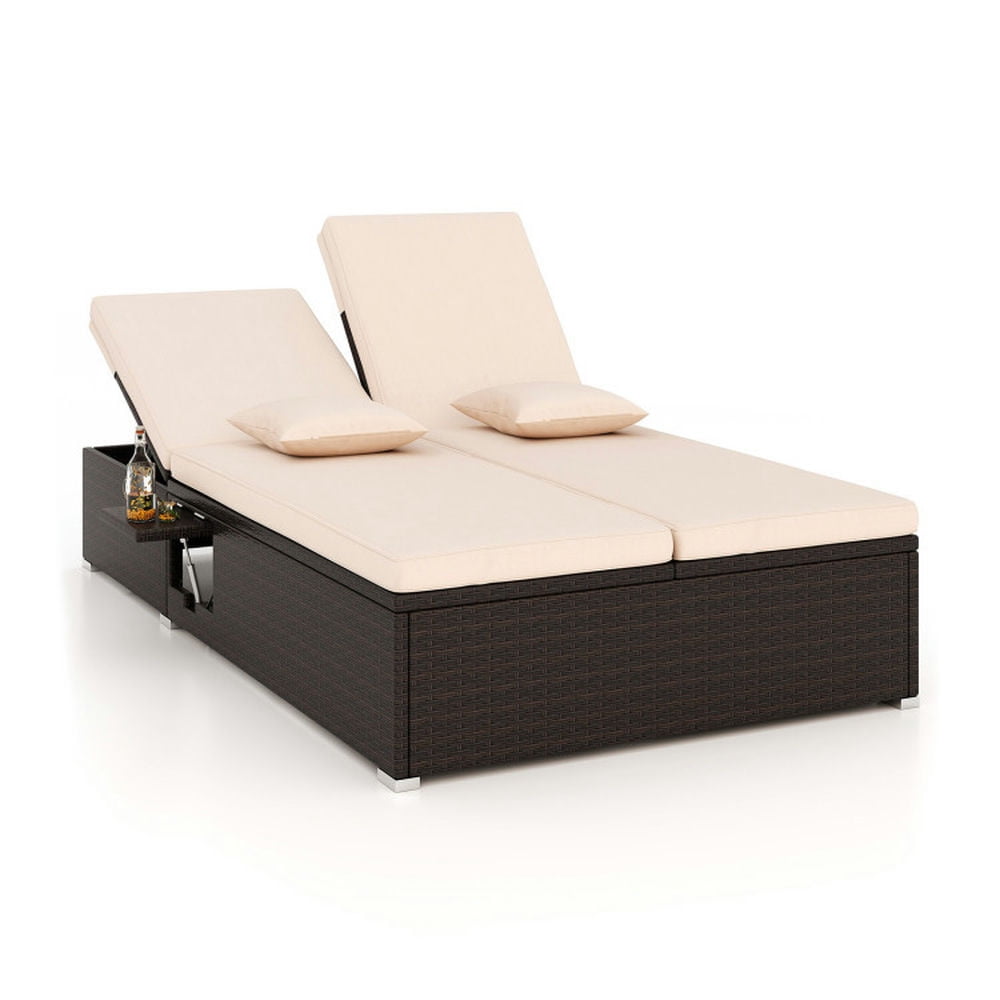 Topcobe Patio Double Chaise Lounge with Cushions and Folding Side Trays, Outdoor Patio Furniture-Beige Topcobe Patio Double Chaise Lounge with Cushions and Folding Side Trays, Outdoor Patio Furniture-Beige