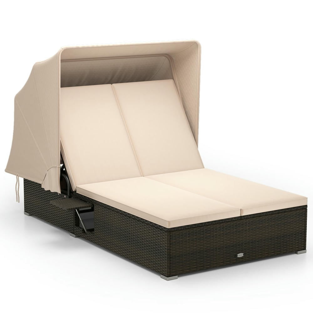 Topcobe Patio Double Chaise Lounge with Shade Cushions and Folding Side Trays, Outdoor Patio Furniture for Garden Backyard Pool Deck-Beige Topcobe Patio Double Chaise Lounge with Shade Cushions and Folding Side Trays, Outdoor Patio Furniture for Garden Backyard Pool Deck-Beige