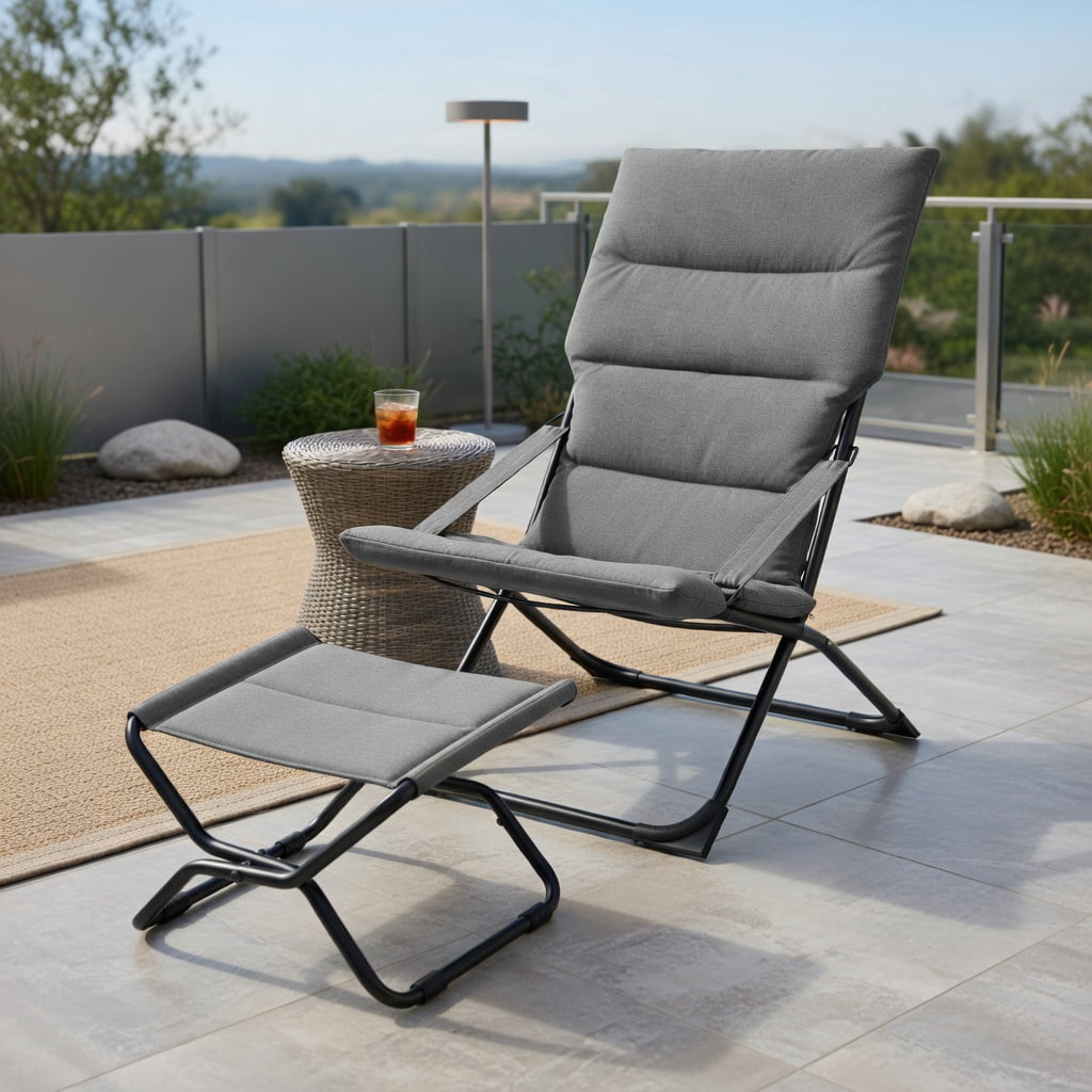 Topcobe Patio Folding Sling Chair with Ottoman Footrest and Removable Cushion, Outdoor Patio Furniture for Garden Backyard Pool Deck-Gray