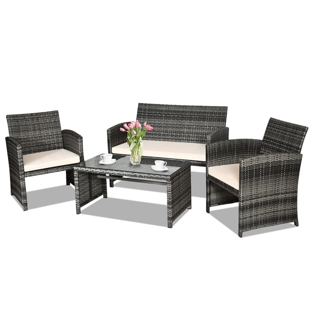 Black 4-Piece Rattan Patio Furniture Set with Glass Table