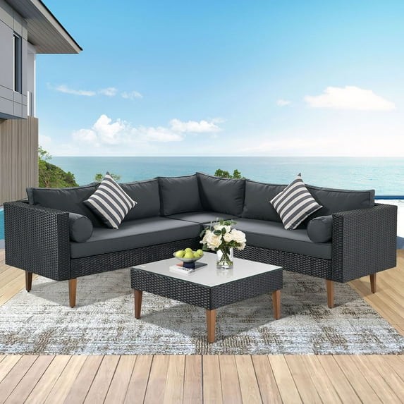 Topcobe Patio Furniture with Colorful Pillows, 4-pieces Outdoor Wicker Sofa Set, Gray cushions and Black Rattan