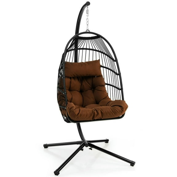 Topcobe Patio Hanging Egg Chair with Stand Waterproof Cover and Folding Basket, Outdoor Patio Furniture for Garden Backyard-Brown
