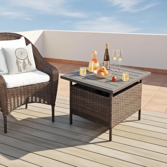 Topcobe Patio Square Wicker Side Table with Umbrella Hole for Yard Garden Poolside, Outdoor Patio Furniture for Garden Backyard