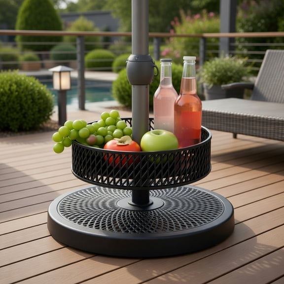 Topcobe Patio Umbrella Table Tray Adjustable with Storage and Umbrella Poles, Outdoor Umbrella Bases for Patio Backyard Garden Pool Deck-Black