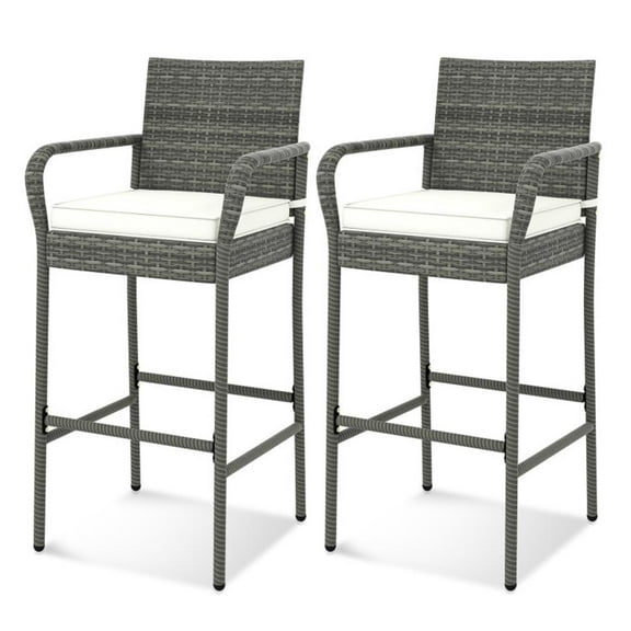 Topcobe Patio Wicker Barstools with Armrests and Soft Cushions for Porch Backyard Set of 2, Outdoor Patio Furniture for Garden Backyard Pool Deck