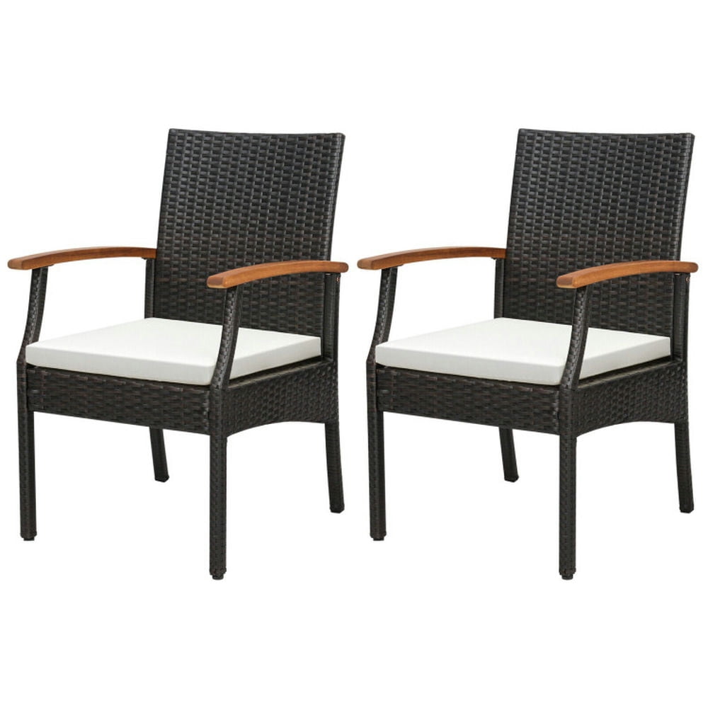 Set of 2 Off-White Cushioned Wicker Dining Chairs with Acacia Wood Armrests