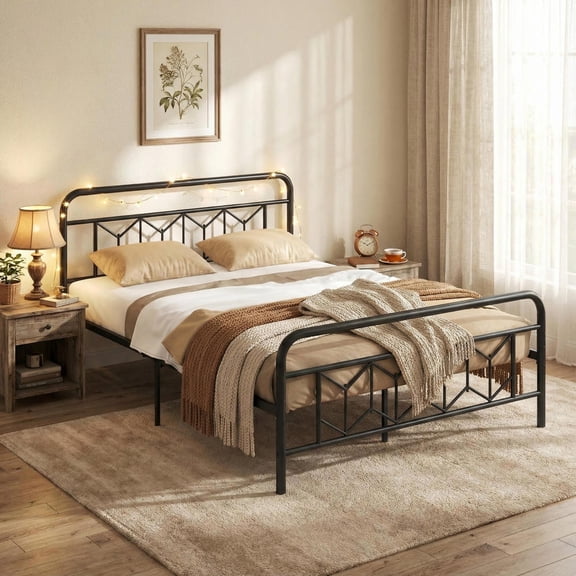 Topcobe Platform Bed with High Headboard and Snap Lock Metal Slats, Bed Frame, Indoor Furniture for Bedroom-Queen Size