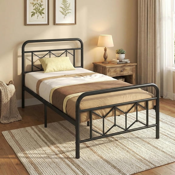 Topcobe Platform Bed with High Headboard and Snap Lock Metal Slats, Bed Frame, Indoor Furniture for Bedroom-Twin Size