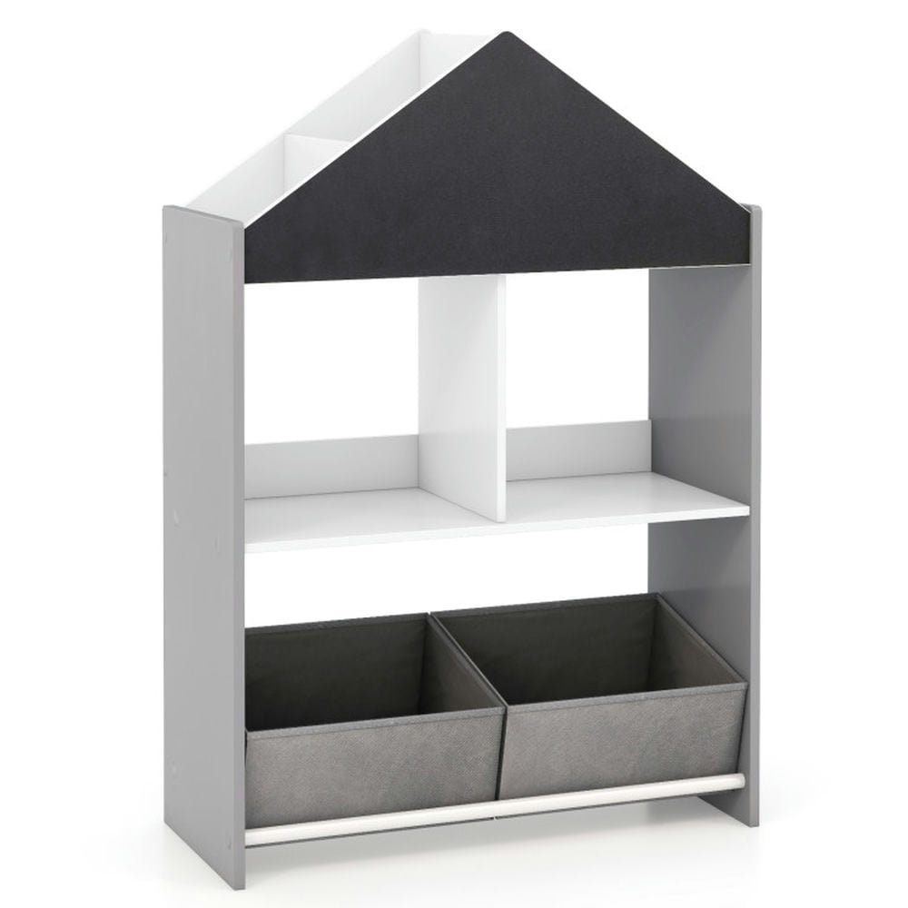 Topcobe Playhouse Kids Bookshelf with Chalkboard and Whiteboard for 3-6 Years, Kids Furniture for Living Room Bedroom-Gray
