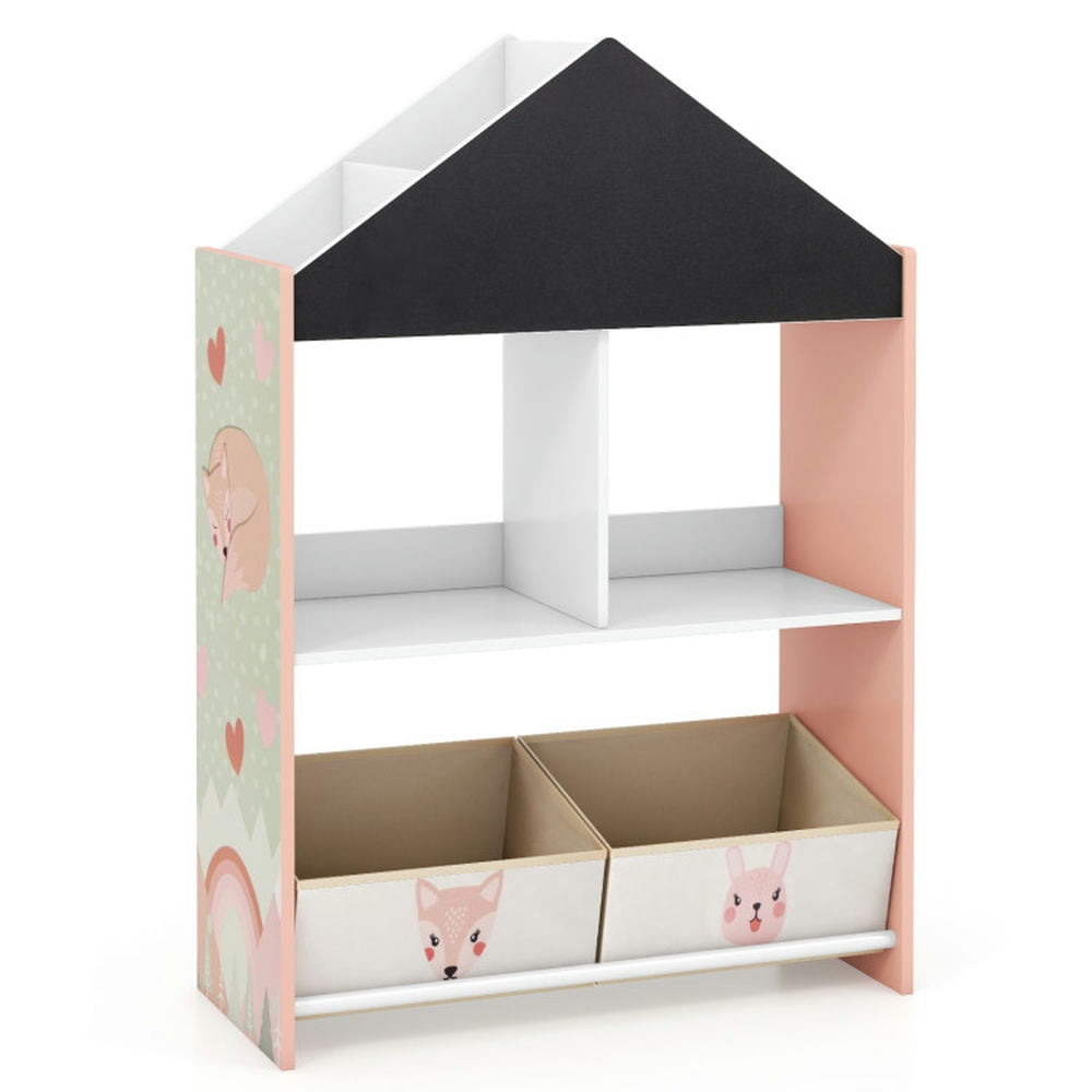 Topcobe Playhouse Kids Bookshelf with Chalkboard and Whiteboard for 3-6 Years, Kids Furniture for Living Room Bedroom-Pink