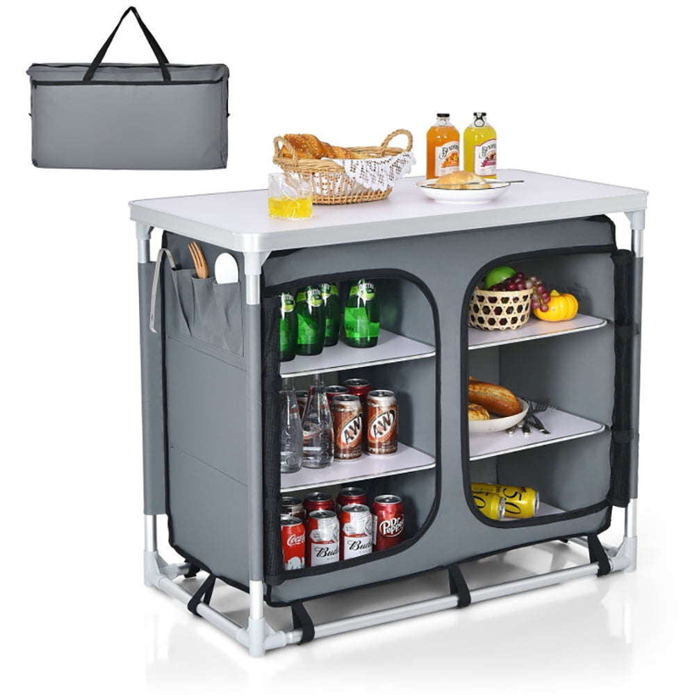 Topcobe Portable Camping Kitchen Table with Storage Shelves, Outdoor Picnic Table, Gray