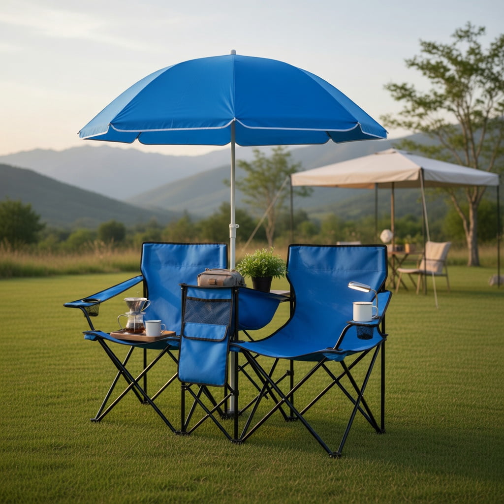 Topcobe Portable Folding Picnic Double Chair with Umbrella, Double Camping Chairs for Adults, Blue