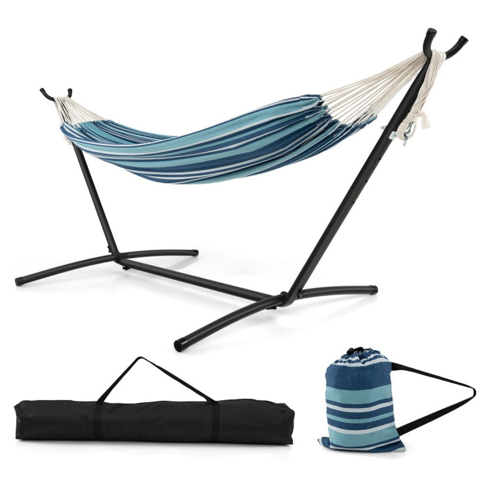 Topcobe Portable Indoor Outdoor 2-Person Double Hammock Set with Stand and Carrying Cases for Patio, Balcony, Backyard-Blue
