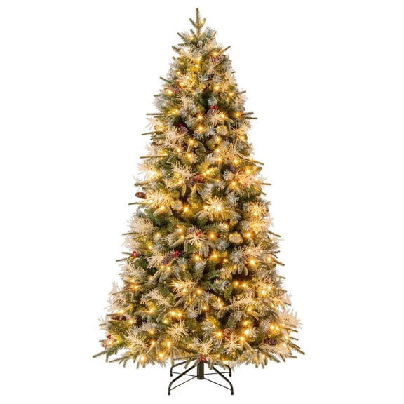 Topcobe Pre-Lit Artificial Christmas Tree with 8 Modes LED Lights with Berries, Christmas Decorations for Indoor Party-7 Feet