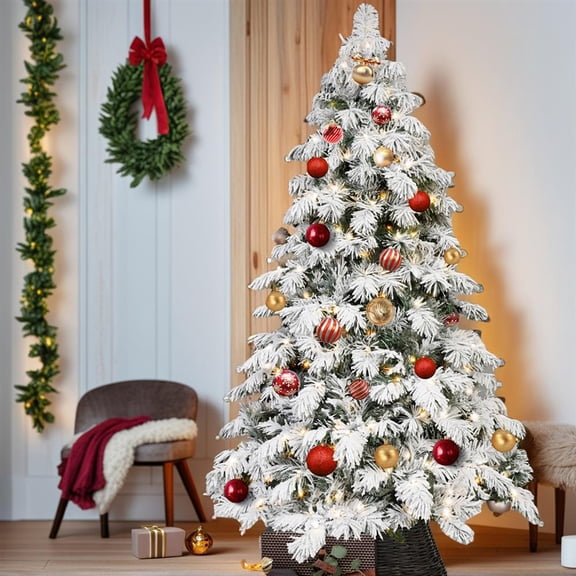 Topcobe Premium Artificial 7ft LED-lit Christmas Tree with Hinged Foldable Base & 890 Mixed Branch Tips for Indoor Holiday Decorating