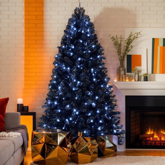 Topcobe Premium Foldable Black LED Christmas Tree with 8ft Height, 2486 PE/PVC Mixed Tips, Hinged Design for Indoor Holiday Decorating