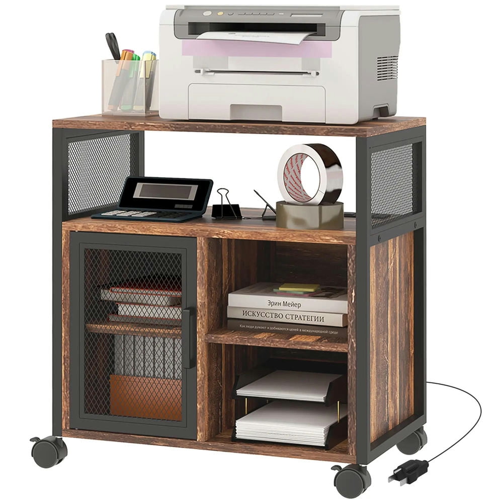 Rustic Brown Mobile Printer Stand with USB Ports and Shelves