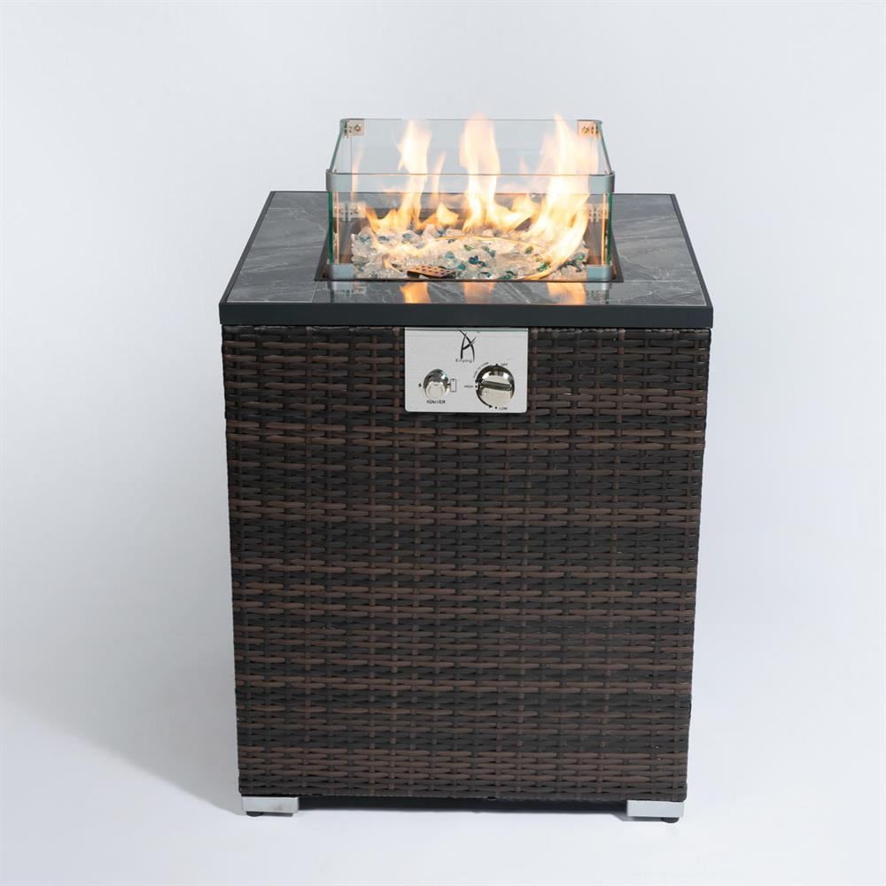 Topcobe Propane Gas Fire Pit Table - Outdoor Patio Decor, Square Fireplace with Tile Top & Wicker Base, Espresso Color 50000 BTU Powerful Heat
