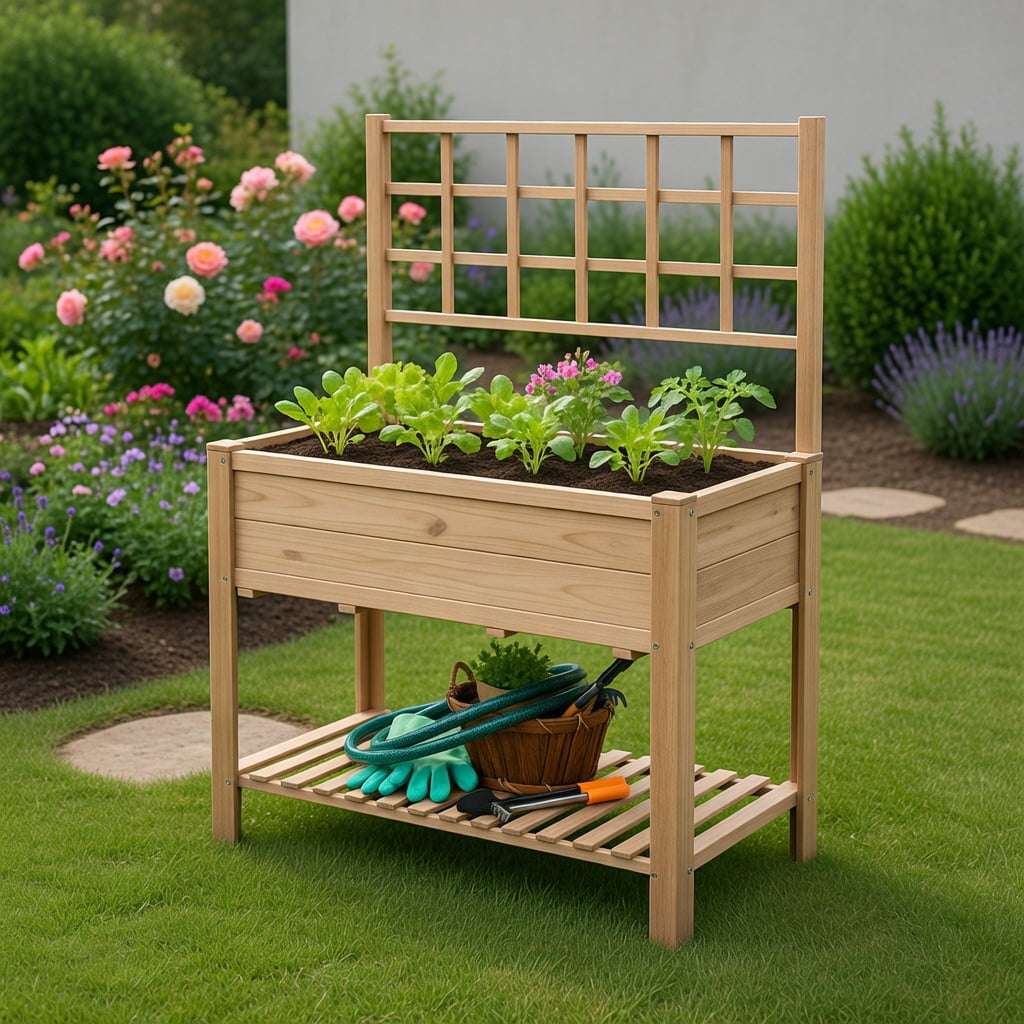 Topcobe Raised Garden Bed Elevated Wooden Planter Box with Trellis, Planters for Outdoor Plants, Raised Planter Box with Legs