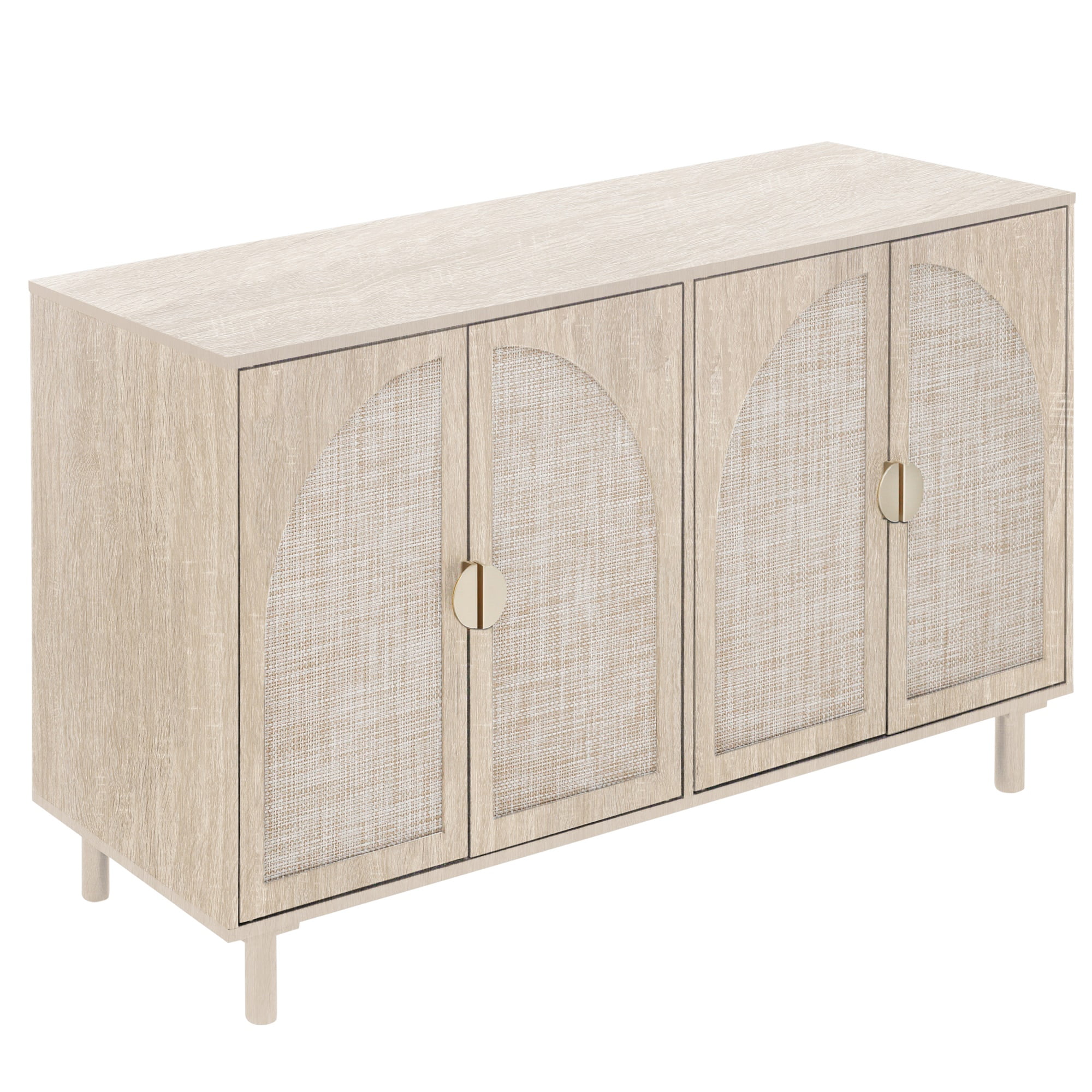 Natural Pine and Rattan Freestanding Sideboard Cabinet with Metal Handles
