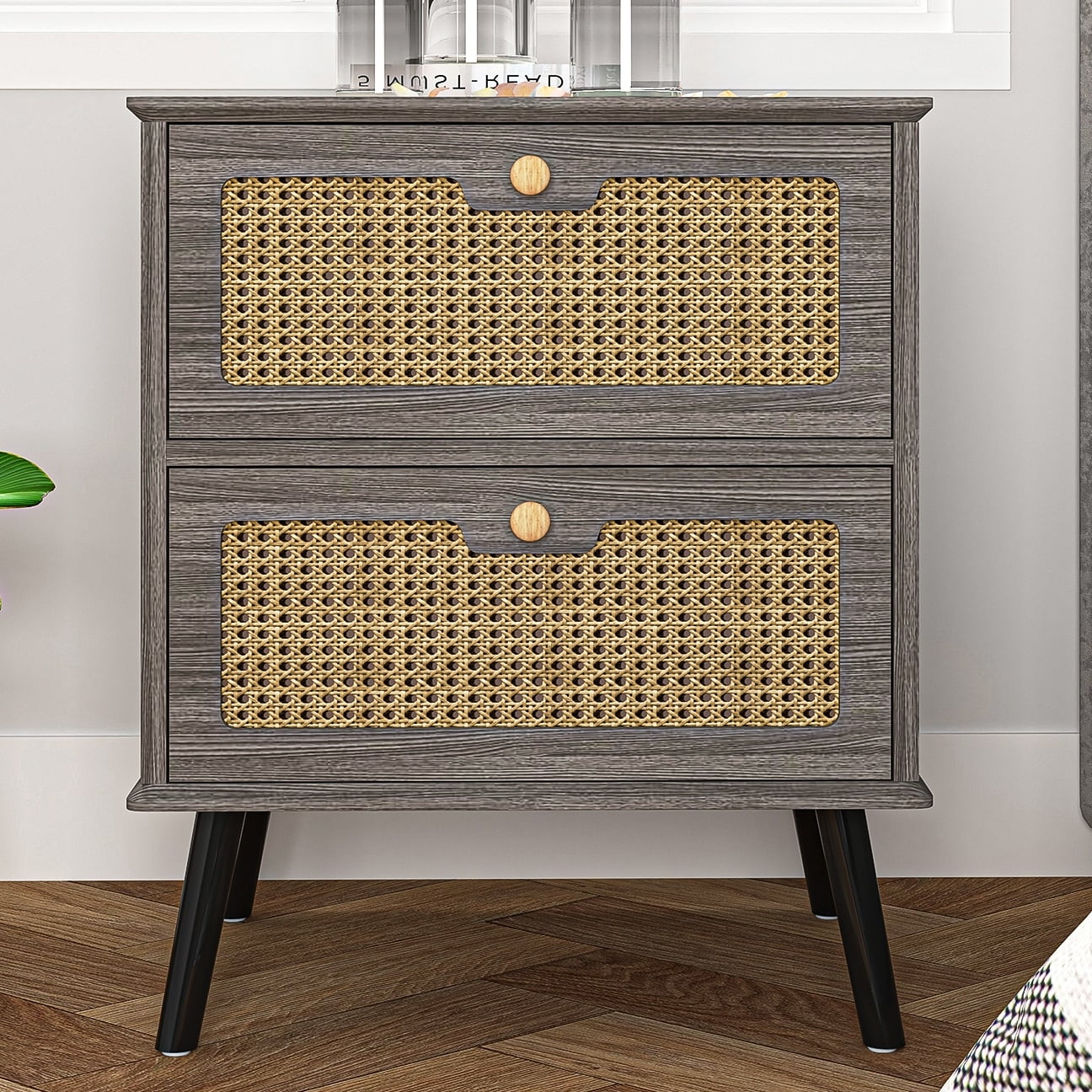 Topcobe Rattan Nightstand, Natural Style Side Table with Handcrafted Rattan Decorated Drawers, Modern Nightstand with Open Storage Shelves for Bedroom, Living Room, Gray.