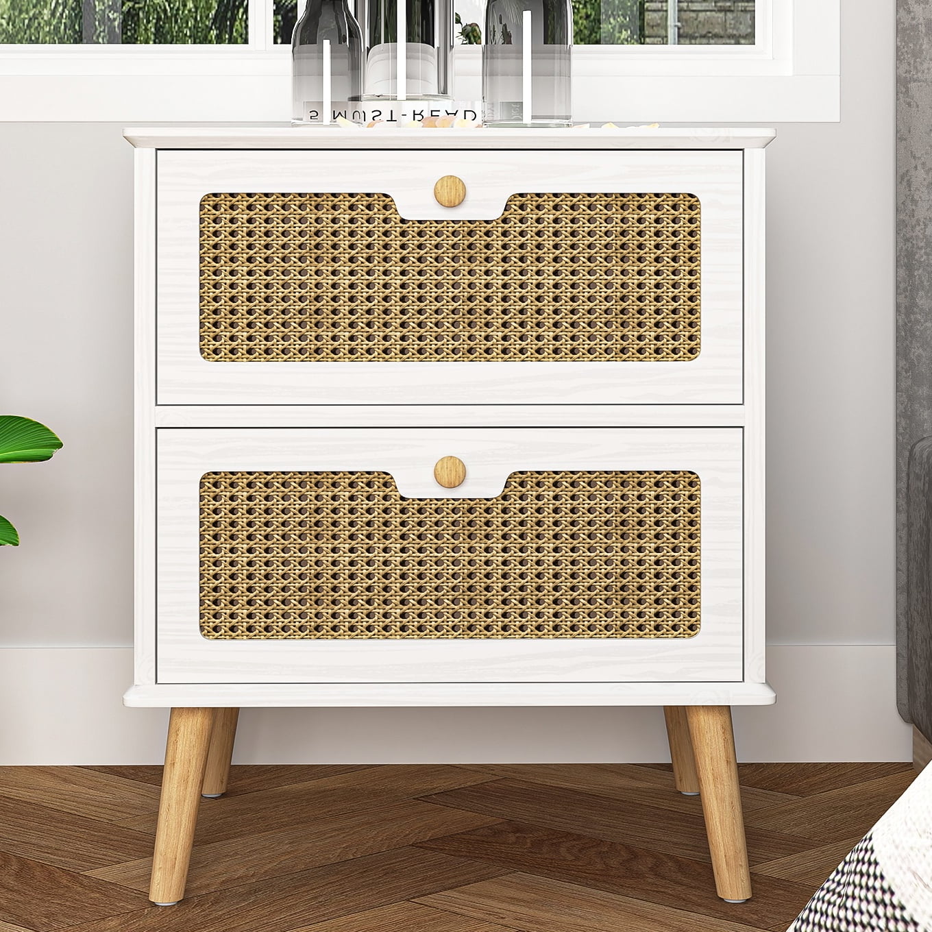Topcobe Rattan Nightstand, Natural Style Side Table with Handcrafted Rattan Decorated Drawers, Modern Nightstand with Open Storage Shelves for Bedroom, Living Room, White.