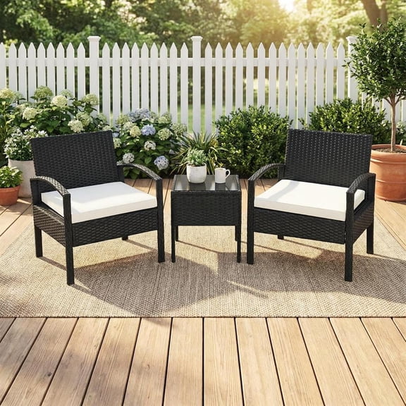 Topcobe Rattan Wicker Patio Conversation Furniture Set Loveseat with Built-in Coffee Table and Cushions