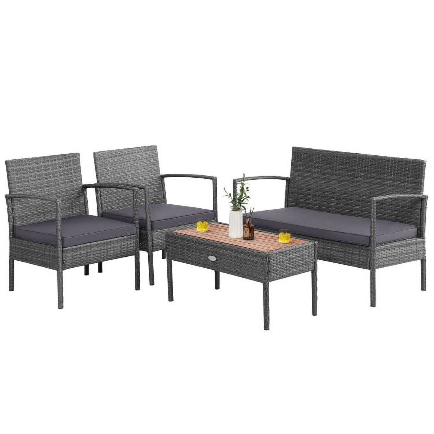 Topcobe Rattaner Outdoor Patio Furniture 4 Pieces Patio Rattan Wicker Conversation Set Sofa Cushioned Wooden Tabletop A Gray Walmart