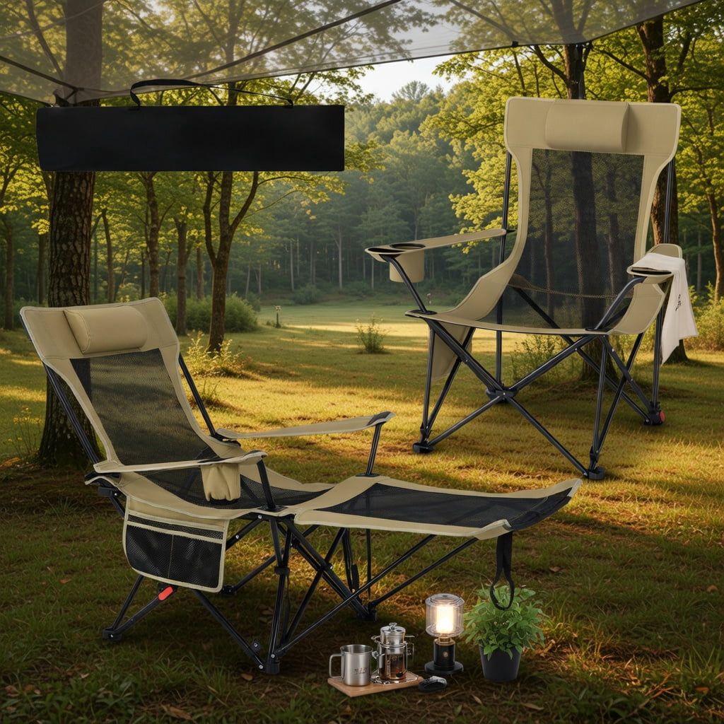 Topcobe Reclining Camping Chair with Removable Footrest and Adjustable Backrest, Outside Chair, Comfy Camping Chairs for Adults-Green