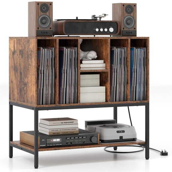 Topcobe Record Player Stand with Charging Station & Metal Frame, End Tables Living Room, Modern Furniture for Home-Rustic Brown