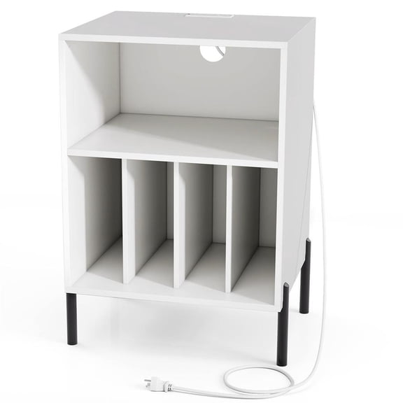 Topcobe Record Player Stand with Record Storage Shelf & Charging Station, End Tables Living Room, Modern Furniture for Home-White