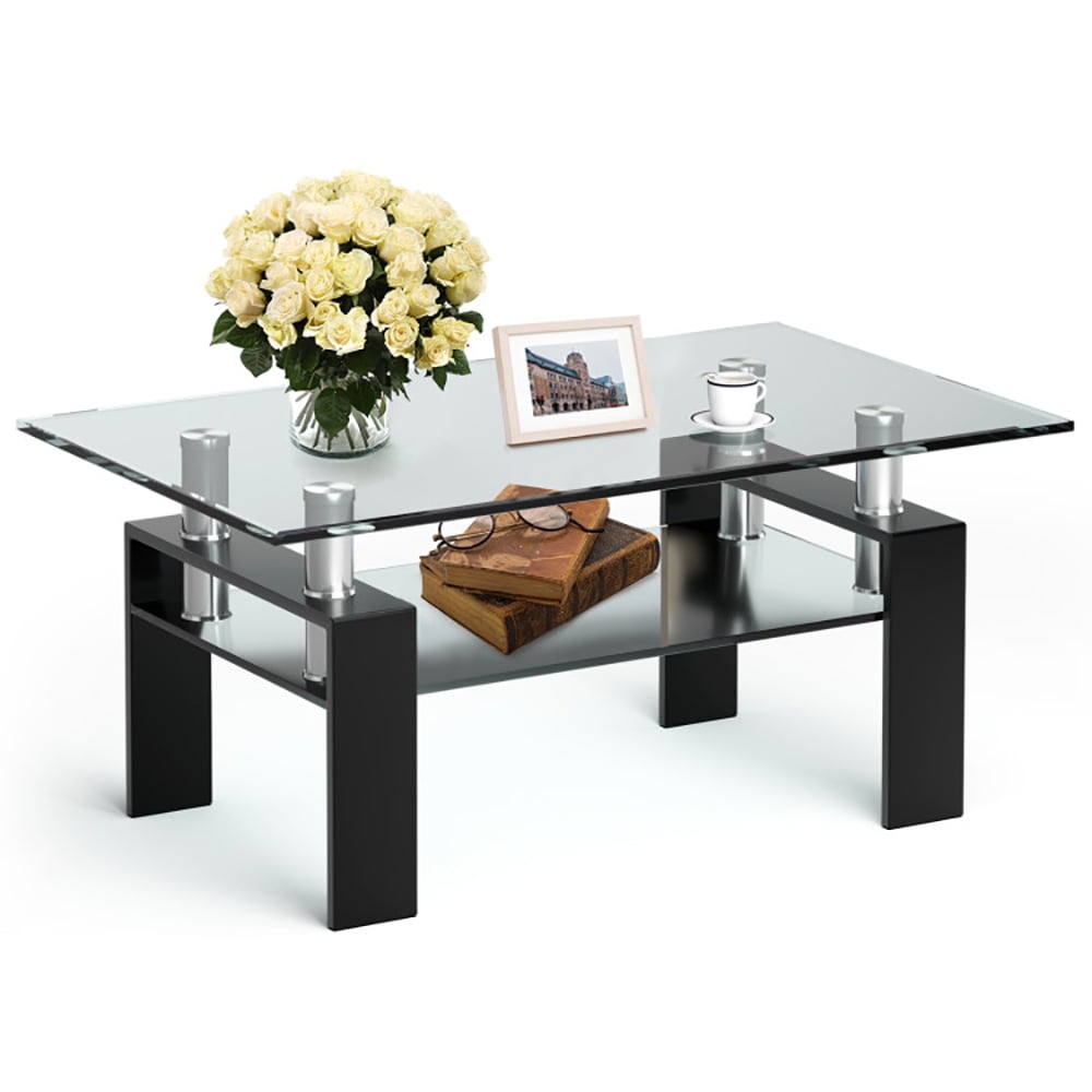 Topcobe Rectangle Glass Coffee Table with Metal Legs for Living Room, Storage Coffee Tables for Living Room, Furniture Table, Black