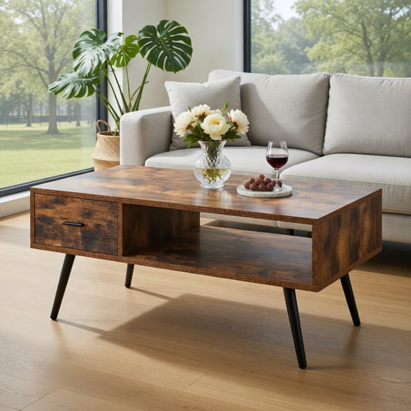 Topcobe Retro Rectangular Coffee Table with Drawer and Storage Shelf, Storage Coffee Tables for Living Room, Stylish Furniture Table, Brown
