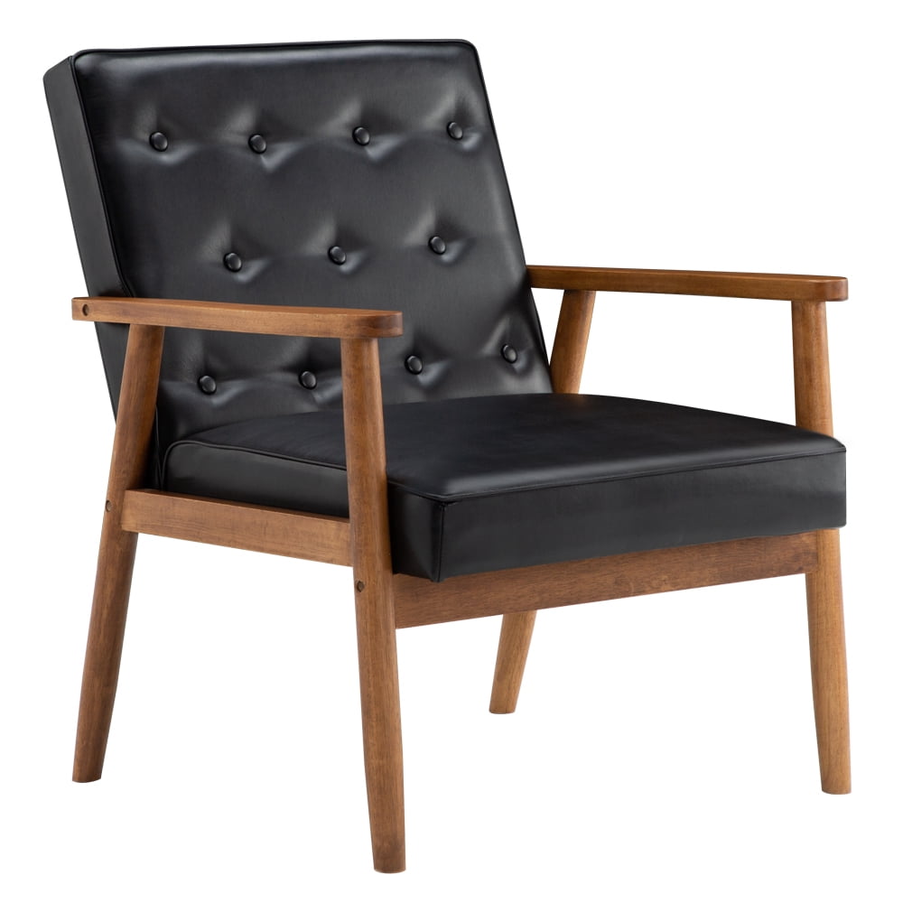 Topcobe Retro Wood Double Sofa Chair, PU Leisure Chair, Black