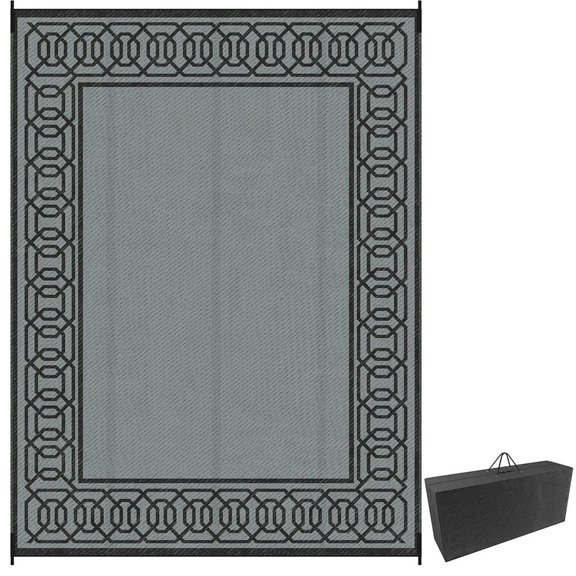 Topcobe Reversible Outdoor Rug, 9' x 12' Waterproof Plastic Straw Floor Mat, Portable RV Camping Carpet, Outdoor Floor Mat for RV, Camping, Backyard, Deck, Picnic, Beach, Black & Gray Border