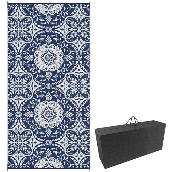 Topcobe Reversible Outdoor Rug, 9' x 18' Waterproof Plastic Straw Floor Mat, Portable RV Camping Carpet, Outdoor Floor Mat for RV, Camping, Backyard, Deck, Picnic, Beach,, Blue & White Floral