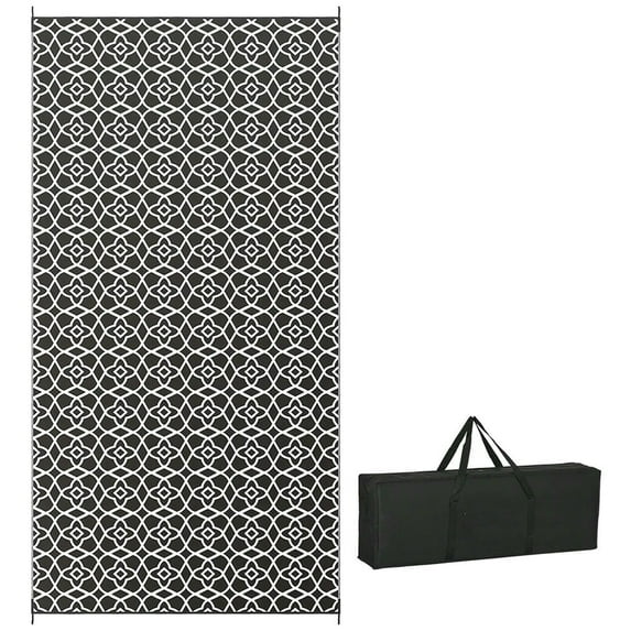 Topcobe Reversible Outdoor Rug Carpet RV Camping Rugs with Carry Bag, 9' x 18', Outdoor Floor Mat for RV, Camping, Backyard, Deck, Picnic, Beach, Black & White Clover