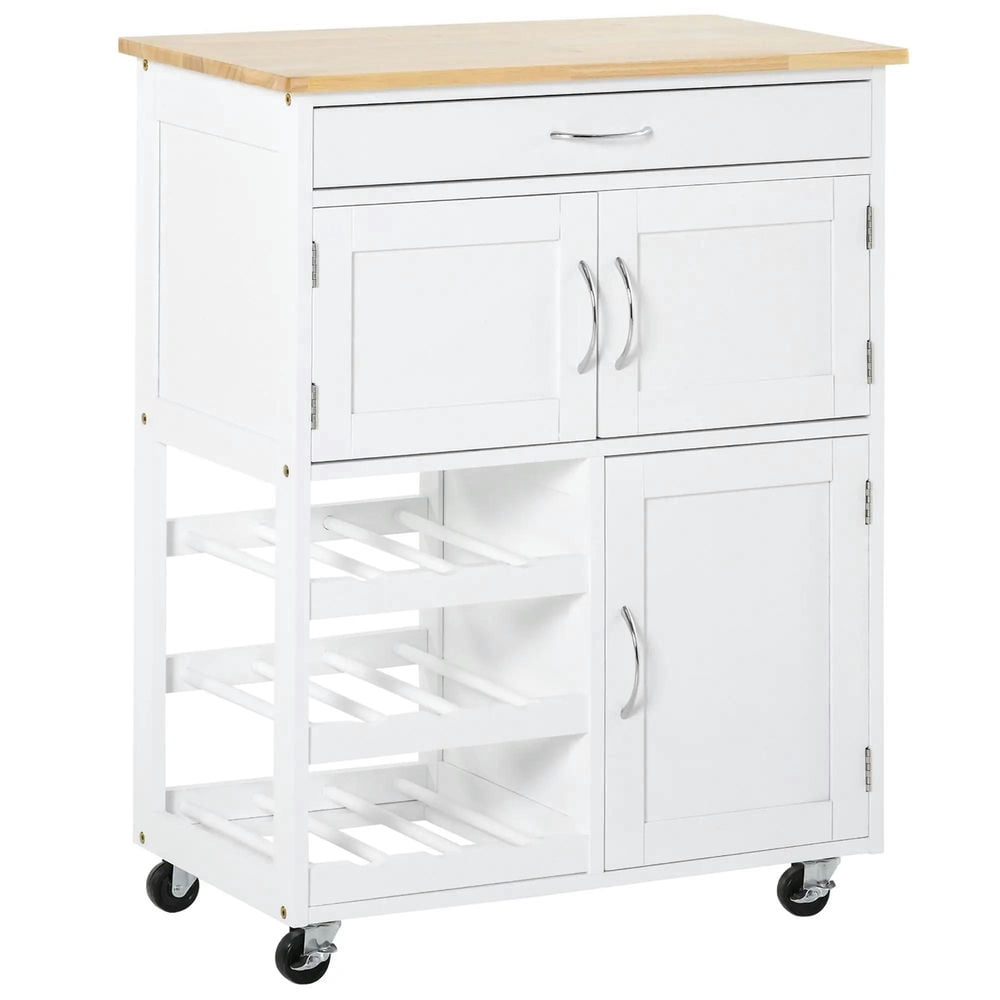 Topcobe Rolling Kitchen Cart, Kitchen Island with Storage Drawer, 9-bottle Wine Rack, Door Cabinets, Wooden Countertop, Modern Furniture, Kitchen Island Carts for Indoor, White