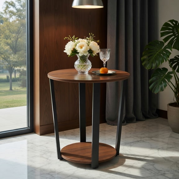 Topcobe Round End Table with Open Shelf and Metal Frame, End Tables Bedroom, Sofa Side Table for Living Room, Walnut