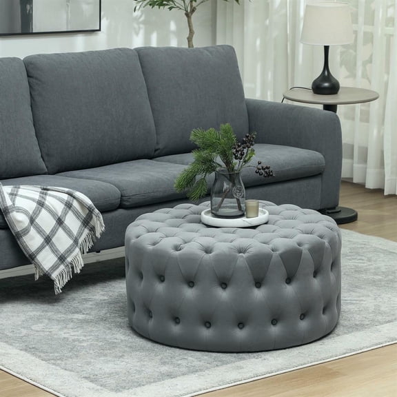 Topcobe Round Ottoman Coffee Table with Velvet-feel Upholstery, Button Tufted Design and Padded Seat, Modern Furniture for Home, Dorm or Apartment, Dark Gray