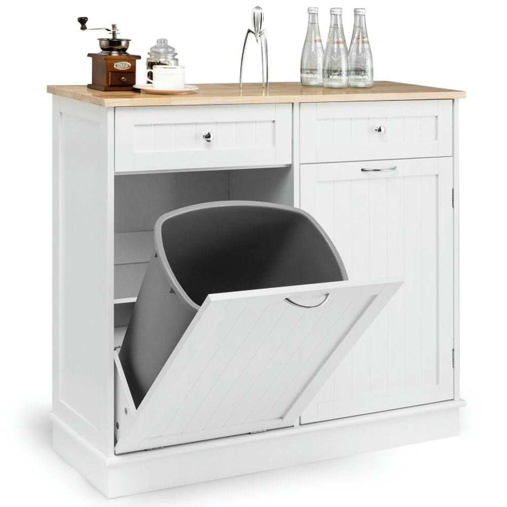 White Rubber Wood Kitchen Trash Cabinet with Adjustable Shelf