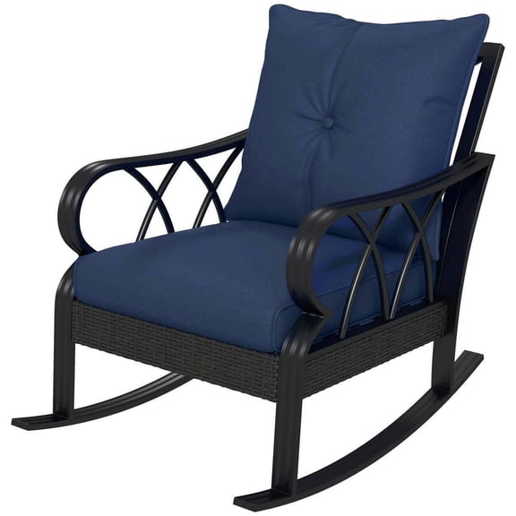 Topcobe Rustic Aluminum Rattan Porch Rocker Chair, Comfortable Padded Armrests, Navy Blue, Outdoor Seating for Patio, Deck, Garden