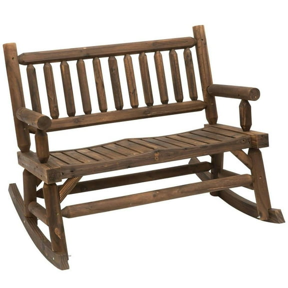 Topcobe Rustic Log-Style 2-Seater Rocking Bench, Spacious Outdoor Loveseat with Comfortable Curved Seats, Ideal for Patio, Yard, Garden, Walnut Finish