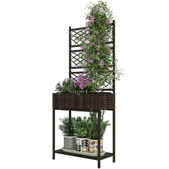 Topcobe Rustic Outdoor Planter Box with Built-in Trellis, Sturdy Rattan Garden Storage Bench, Perfect for Climbing Vines, Brown
