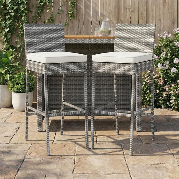 Topcobe Set of 2/4 Patio Wicker Barstools with Soft Seat Cushion and Cozy Footrest-Set of 2, Outdoor Patio Furniture for Porch Balcony Garden Backyard
