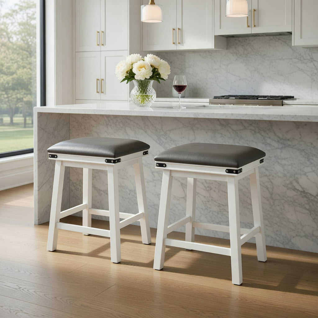 Topcobe Set of 2 24" Dining Bar Stool with Acacia Wood Frame, Bar Height Stools for Pub Bistro Kitchen Dining, Beige
