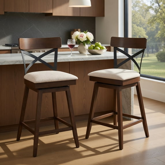 Topcobe Set of 2 25" Wooden Swivel Bar Stools with Cushioned Seat and Open X Back, Bar Stools for Pub Bistro Kitchen Dining, Beige