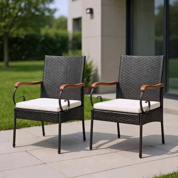 Topcobe Set of 2/4 Outdoor PE Wicker Chair with Acacia Wood Armrests-Set of 2, Outdoor Deck Furniture
