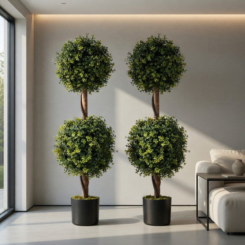 Topcobe Set of 2 Artificial Double Topiary Ball Trees, Artificial Trees for Home Decor Indoor Outdoor